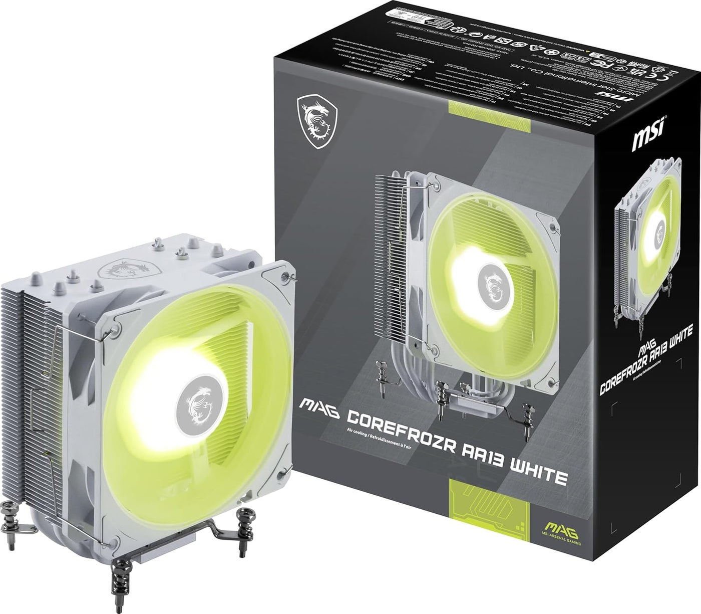MSI MAG COREFROZR AA13 CPU Air Cooler – 120mm PWM Fan, 4 Direct-Touch Heat Pipes, 50 High-Density Fins, ARGB Lighting, Intel & AMD Compatible, 240W TDP, Quiet Rifle Bearing, Pre-Applied Thermal Paste, White | 306-7ZWHA21-L80